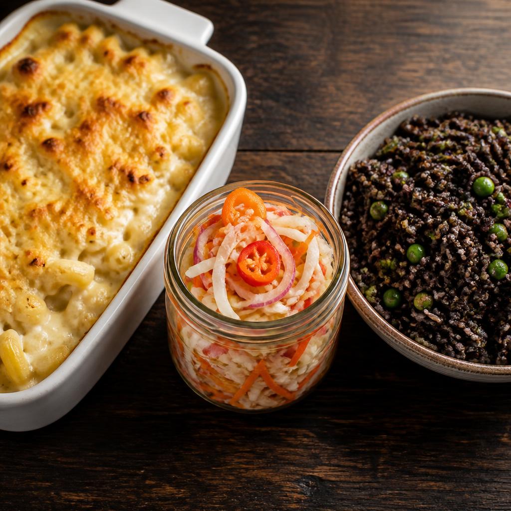 Macaroni gratin, pikliz, and black rice